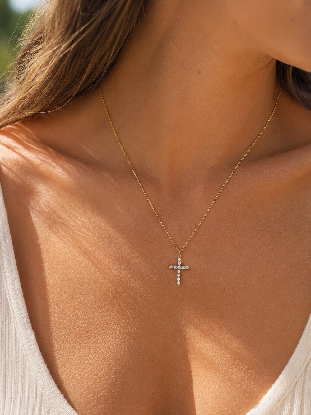 18K Gold Plated CZ Cross Necklace Dainty Stainless Steel Waterproof